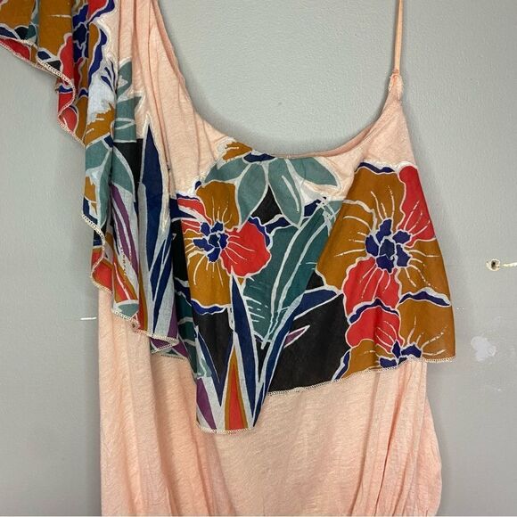 Free People NWT Peach Floral One-Shoulder Ruffle Linen-Blend Tank Top Size XS - Picture 6 of 7